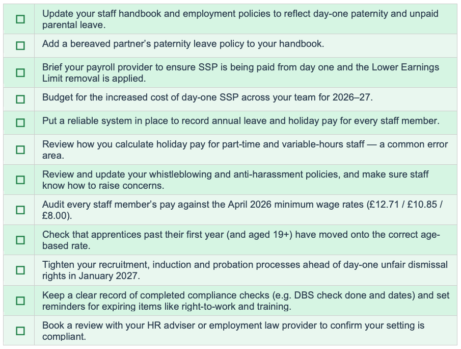 Action checklist for nursery employers covering staff policies, sick pay, holiday records and minimum wage compliance under the Employment Rights Act 2025